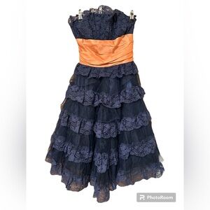 Betsey Johnson Vintage Tea Party Corset Dress Navy Blue Lace Strapless Size 6